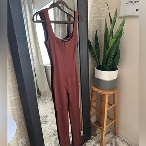 Naked Wardrobe Brown Ribbed Jumpsuit (Size:L)